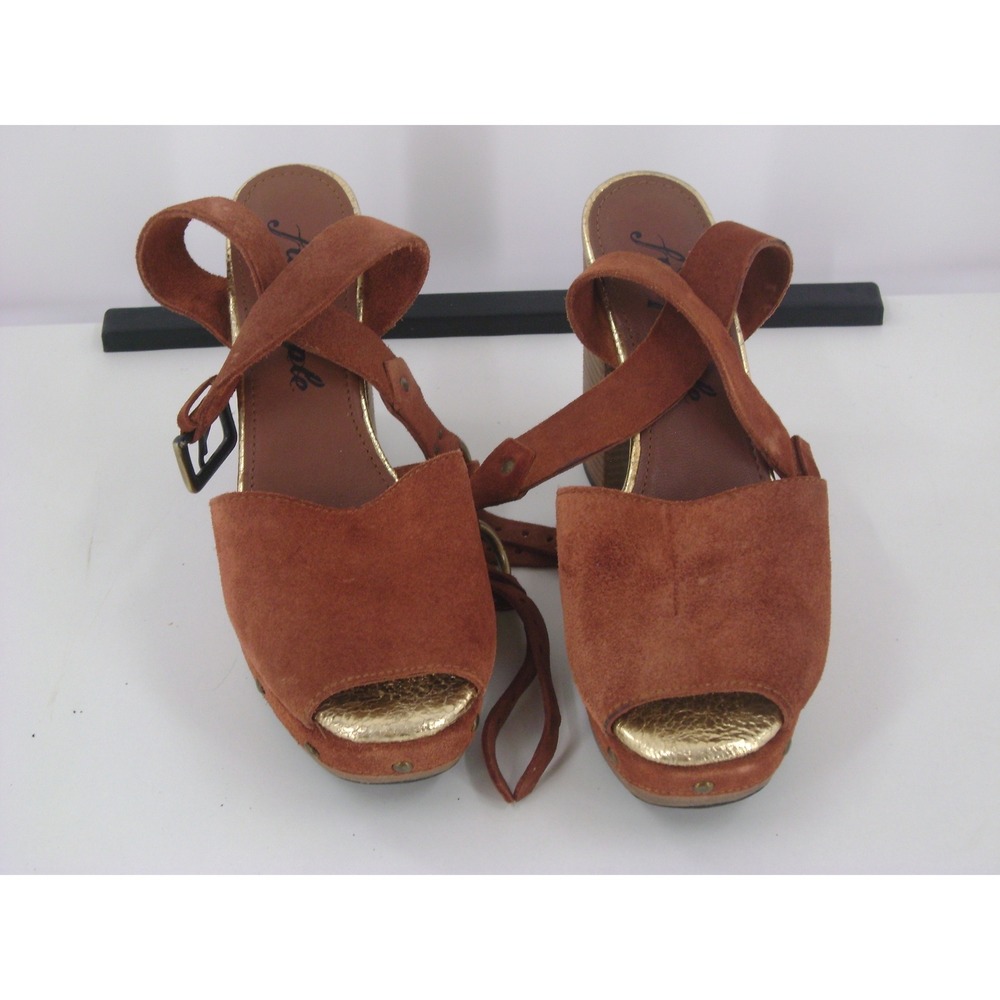 Free People Suede‎ Platform Sandals Rust Brown Gold Metallic Block Heel Size 39